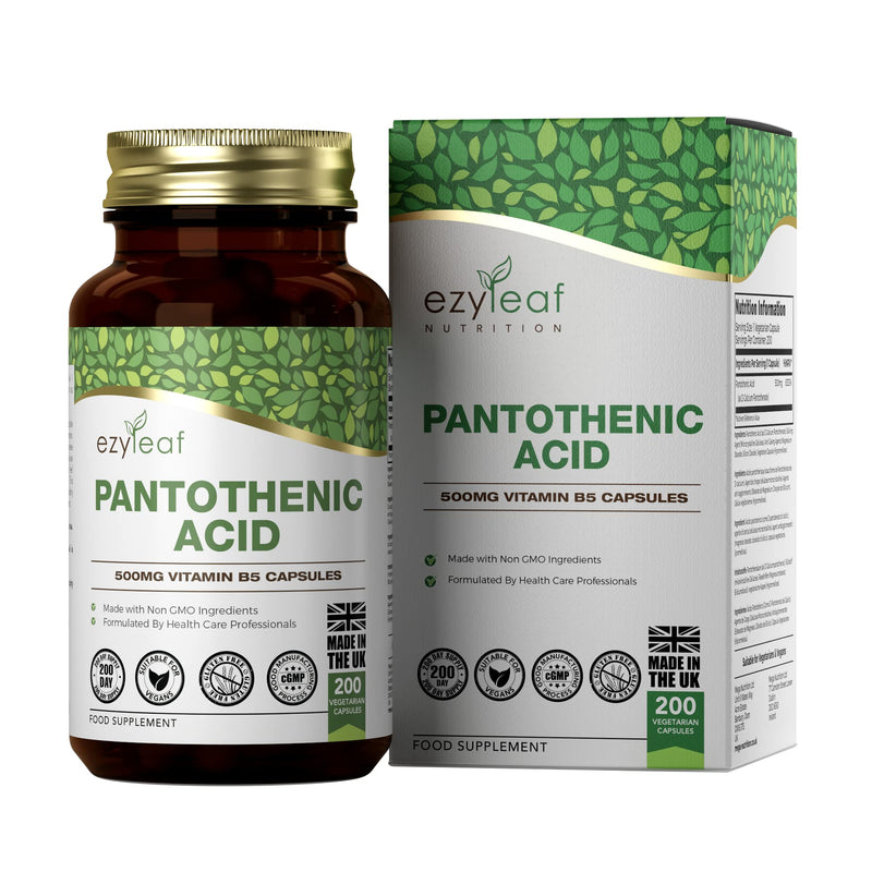 Ezyleaf Pantothenic Acid 500mg Supplement | 200 High Strength Vitamin B5 Capsules - Vitamin B5 Pantothenic Acid Capsules | Pantothenic B5 Acid | ISO Certified, Non-GMO Gluten & Allergen Free | UK Made - BeesActive Australia