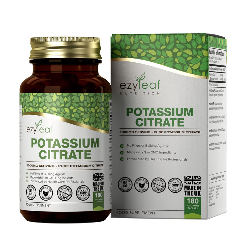 Ezyleaf Potassium Citrate | 180 High Strength Potassium Capsules - 1000mg Potassium Citrate per Serving | Potassium Supplements | Clean, No Fillers Formula | Vegan, Non-GMO Gluten & Allergen Free | UK - BeesActive Australia