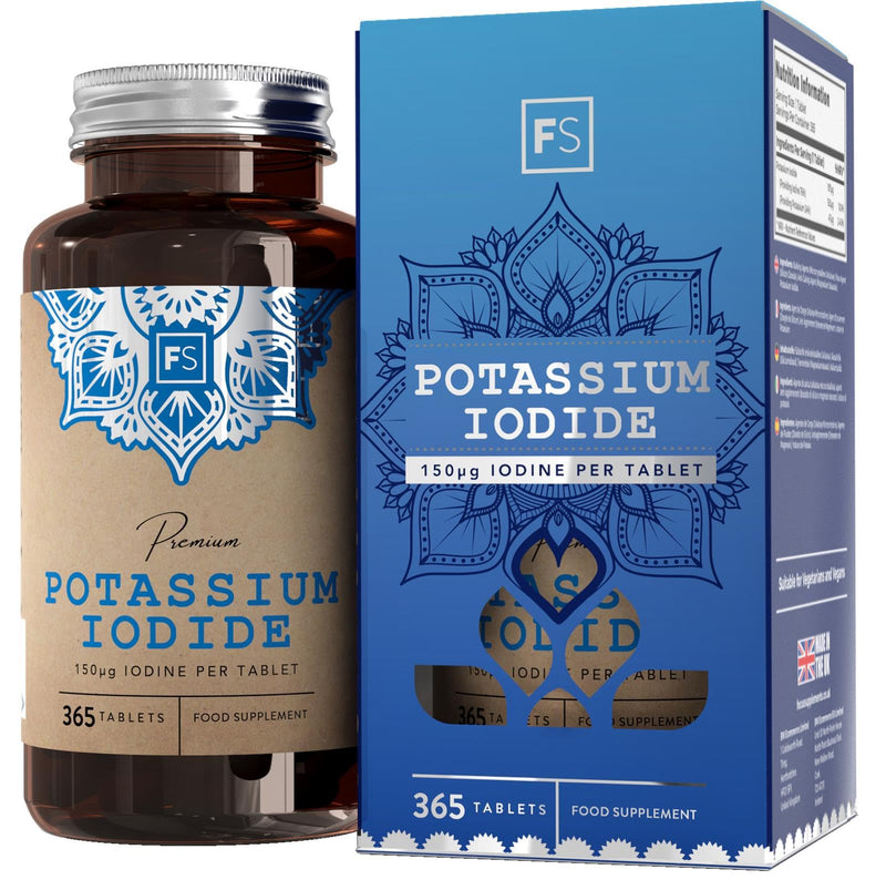 FS Potassium Iodide Supplement | 365 High Strength Potassium Tablets - 150mcg of Potassium Iodide per Serving | Iodine Supplement | Non-GMO, Gluten, Dairy & Allergen Free | Manufactured in The UK - BeesActive Australia