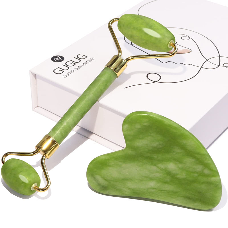 GUGUG Gua Sha and Jade Roller Set, Gua Sha Stone, Face Roller Massage Tool for Skin Care Routine, Guasha Tool for Face, Neck and Body Muscle Green - BeesActive Australia