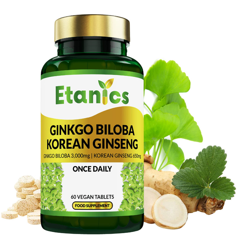 Etanics Ginkgo Biloba 3000mg & Ginseng 650mg Tablets | Memory, Cognitive Functions & Sexual Health for Vegetarians and Vegans - Made in The UK - BeesActive Australia