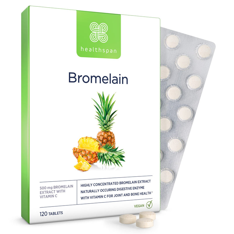 Healthspan Bromelain with Added Vitamin C | 120 Tablets | 500mg Bromelain Extract | Digestive Enzyme | Pineapple Plant | Vegan - BeesActive Australia
