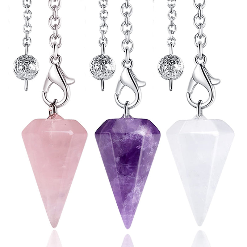 XIANNVXI 3 Pcs Crystal Pendulum Amethyst Rose Quartz Clear Quartz Pendulums for Divination Dowsing Pendulum Crystals Gemstones Cone Pendant Reiki Witchcraft Wicca Supplies A - Amethyst,rose Quartz,clear Quartz - BeesActive Australia