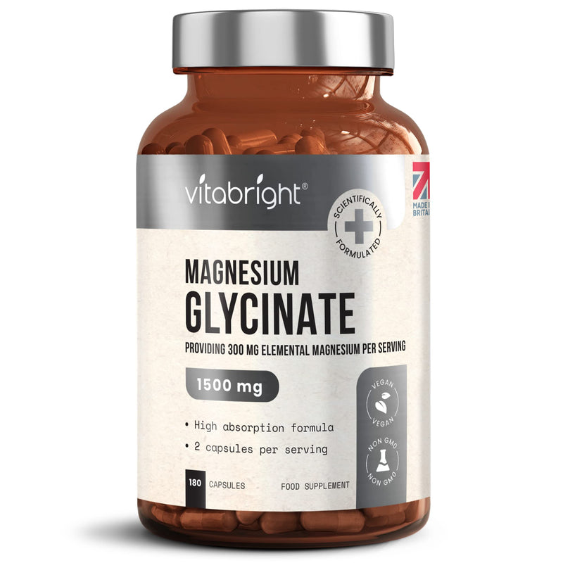 Magnesium Glycinate (Bisglycinate) - 1500mg High Strength - 180 Capsules (3 Month Supply) - Vegan Premium Magnesium Capsules - Providing 300mg Elemental Magnesium Supplement - Made in UK by VitaBright - BeesActive Australia