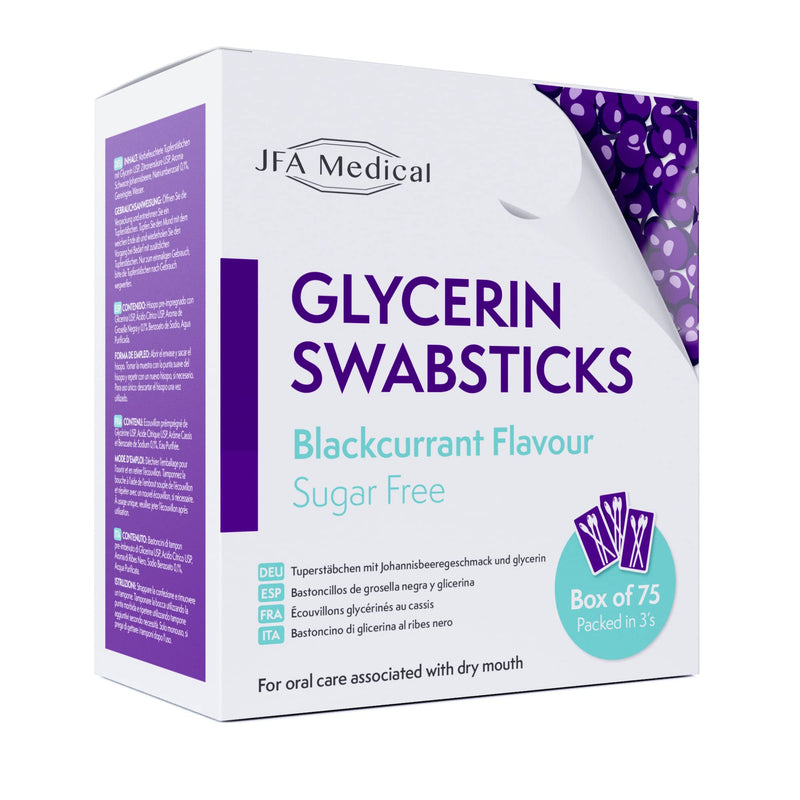 JFA Medical Glycerin Swabsticks Blackcurrant Flavour Sugar Free Swab Sticks for Dry Mouth - Box of 75 - BeesActive Australia