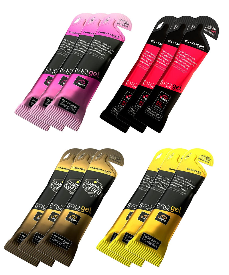 Torq Energy Gels with Guarana (Natural Caffeine) - Selection Box of 12 Mixed Flavour Gels (3 x 4 Different Flavours) - BeesActive Australia