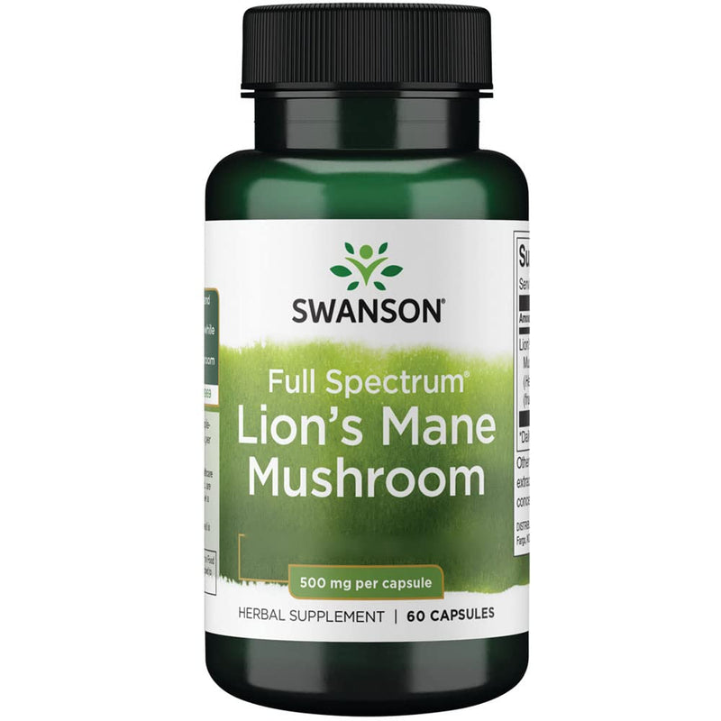 Swanson, Full Spectrum Lion's Mane Mushroom (Hericium Erinaceus Mushroom), 500mg, 60 Capsules, Lab-Tested, Soy Free, Gluten Free, Non-GMO - BeesActive Australia