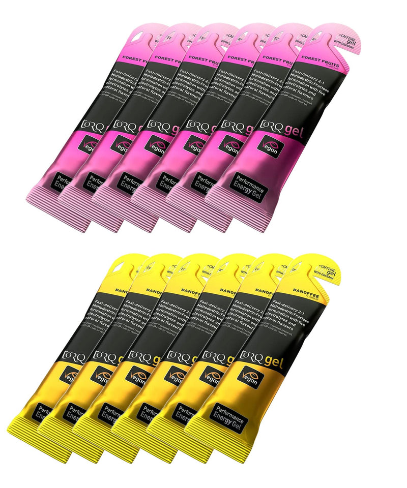 Torq Energy Gels with Guarana (Natural Caffeine) - Selection Box of 12 Gels (6 x Forest Fruits, 6 x Banoffee) - BeesActive Australia