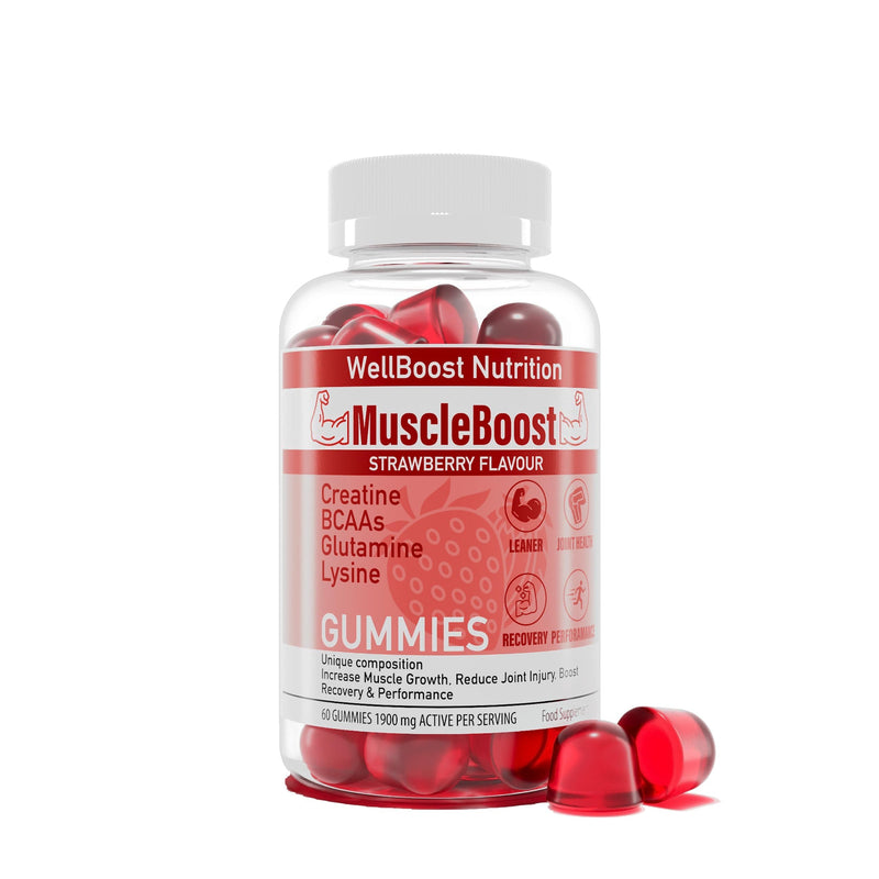 Muscle Boost - Recovery, Creatine, BCAA, Glutamine, Lysine, Chewable Gummies for Men & Women - 60 Gummies - 1900mg Active per Serving - Natural Strawberry Flavour, Suitable for Vegans - BeesActive Australia