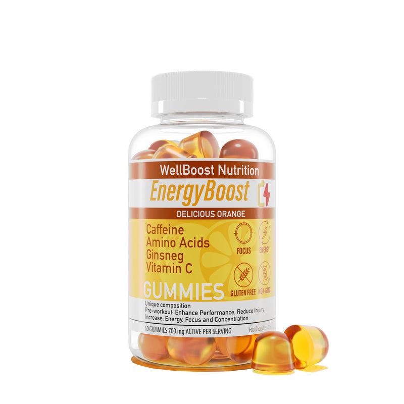 Energy Boost - Pre Workout, Caffeine, Ginseng, VIT C, L-Carnitine, Beta-Alanine, Chewable Gummies for Men & Women - 60 Gummies - 700mg Active per Serving - Orange Flavour, Suitable for Vegans - BeesActive Australia