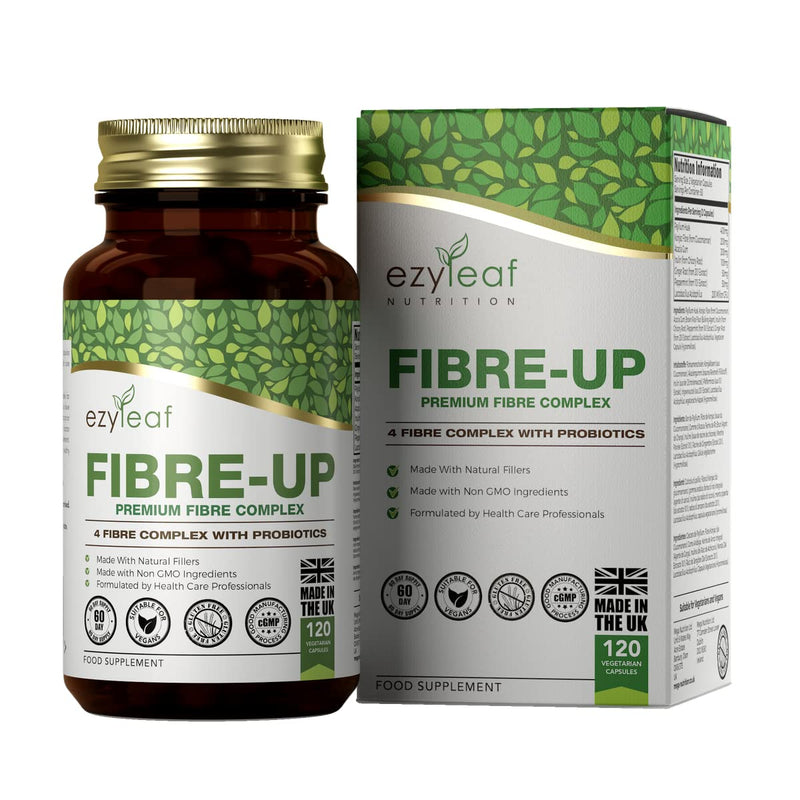 Ezyleaf Fibre-UP Psyllium Husk Capsules | Multi Fibre Supplement + Probiotics & Prebiotics | Inulin, Glucomannan, Acidophilus Probiotic, Acacia Fibre, Peppermint 120 Caps | Non-GMO Vegan Allergen Free - BeesActive Australia