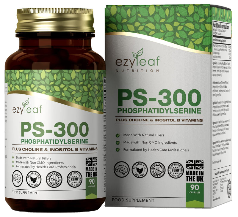 Ezyleaf Phosphatidylserine PS-300 with Choline Bitartrate & Myo-Inositol | 90 High Strength Capsules - 300mg Serving | Phosphatidyl Serine, Choline Supplement | Non-GMO & Gluten Free, UK ISO Certified - BeesActive Australia