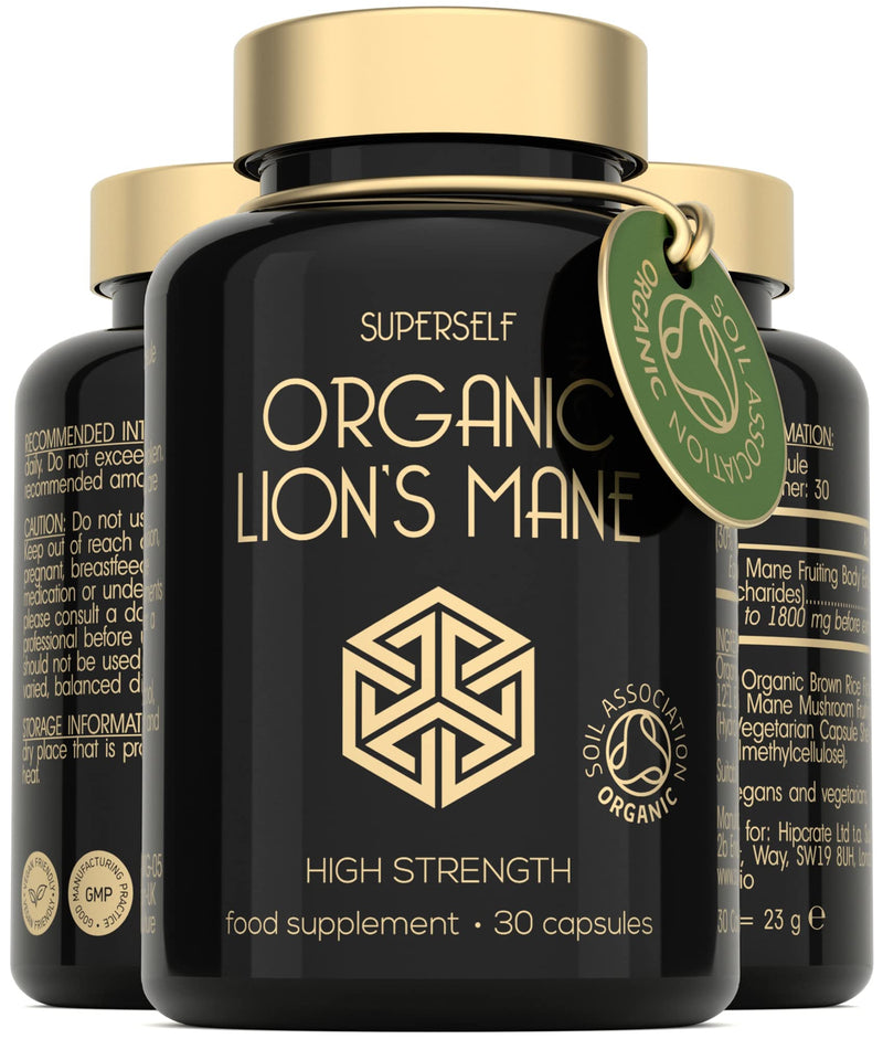 Organic Lions Mane Supplement - 1800mg Lion's Mane Capsules High Strength - Certified Organic by The Soil Association - 30 Capsules - 100% Lion Mane Mushroom Fruiting Bodies Extract - Made in The UK - BeesActive Australia