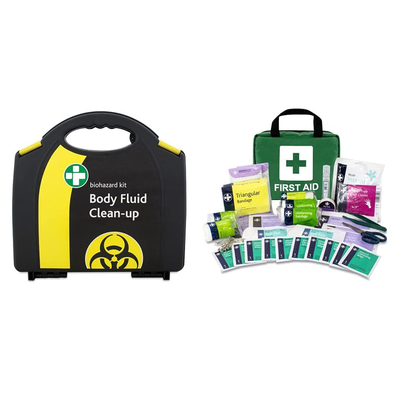 Reliance Medical - Biohazard Body Fluid Clean-Up Kit - 2 Single Application Packs- Black/Yellow Wall Mountable Box & Lewis-PLAST Premium First Aid Kit, 90 Count (Pack of 1) 2 Application Body Fluid Clean up Kit + Premium First Aid Kit - BeesActive Australia