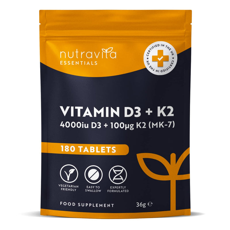 Vitamin D3 4000 iu & Vitamin K2 100?g (MK7) � 180 Vitamin D3 K2 Vegetarian Tablets � 6 Month Supply - High Strength Vitamin D Supplement for Bones, Muscles & Immune System � Nutravita - BeesActive Australia
