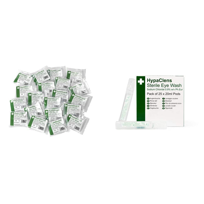 HypaGuard Face Shields for CPR Resuscitation, Pack of 20 One-Way Valve Masks & HypaClens Saline Eye Wash Pods, (Pack of 25) - BeesActive Australia