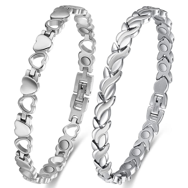Cigmag 2PCS Magnetic Bracelets for Women Ultra Strength Magnet Titanium Steel Magnetic Brazaletes Set with Adjustable Tool and Gift Box for Mother's Day (Silver Fishtail & Love) 2pcs Silver Fishtail & Love - BeesActive Australia