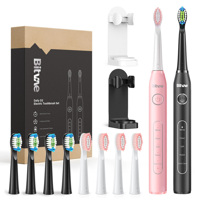 Bitvae Electric Toothbrushes 2 Pack Sonic Toothbrush with Holders, Dual Ultrasonic Electronic Toothbrush 8 Brush Heads 5 Modes, Rechargeable Power Toothbrush for 30 Days Using, Black & Pink - BeesActive Australia