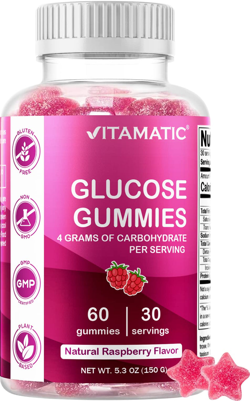 Vitamatic Glucose Chweble Gummies - 60 Count - Natural Raspberry Flavor - 4G of Carbohydrate per Serving - BeesActive Australia