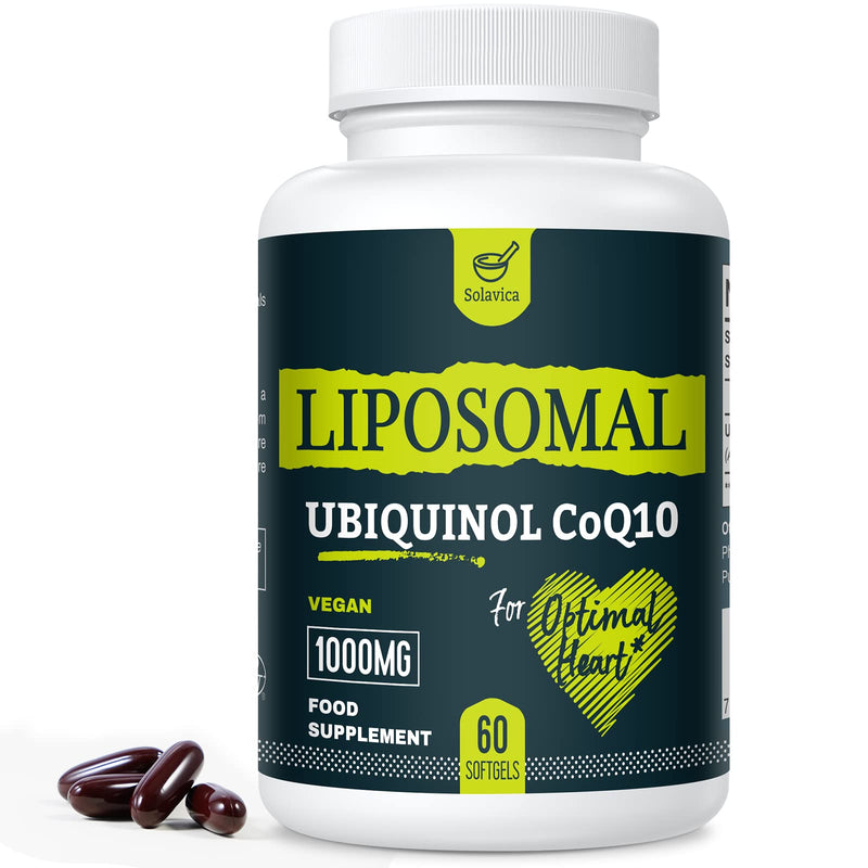 Solavica Liposomal Ubiquinol Vegan CoQ10 1000 mg, High Bioavailability (The Active m of CoQ10), Powerful Antioxidant Heart Health, Beneficial to Statin Users, Non-GMO, 60 Softgels (1PACK) 1PACK - BeesActive Australia