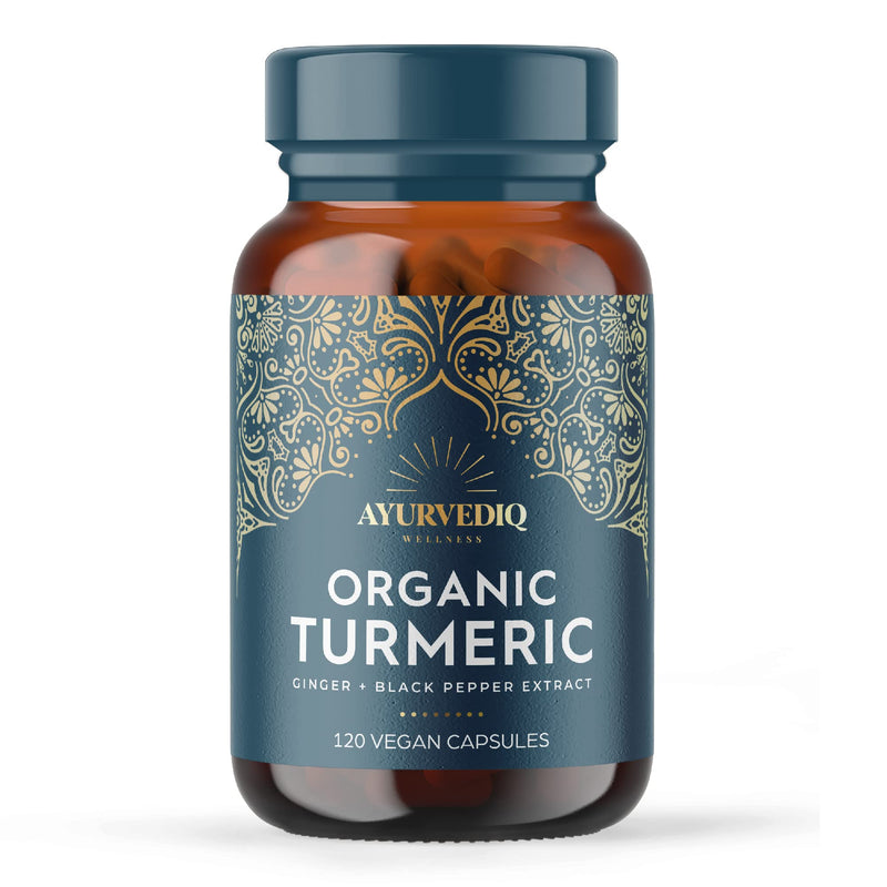 Ayurvediq Wellness, 120 caps Organic Turmeric Ginger and Black Pepper Capsules Curcumin capsules, Ginger Supplement, Ginger Capsules, Turmeric and Black Pepper Capsules, Gluten Free, Dairy Free, Vegan - BeesActive Australia