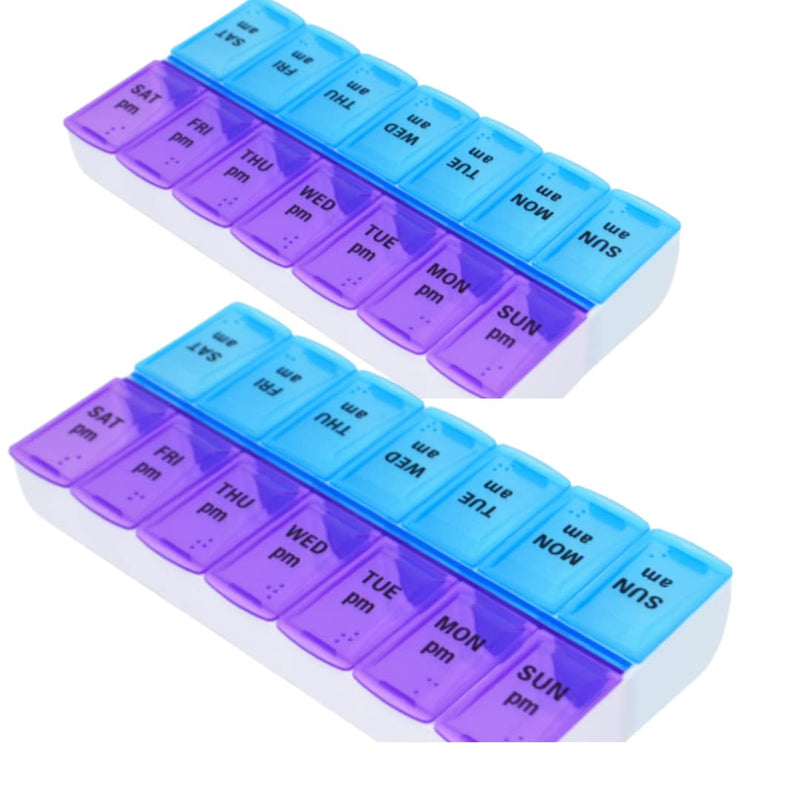 Pill Box, Seven Day AM, and PM Daily Pill Organizer, Medicine Storage Box for Medication and Supplements, 14 Large Compartments - 2 Times a Day Locking Compartments, Purple, Blue (Pack of 2) Pack of 2 - BeesActive Australia