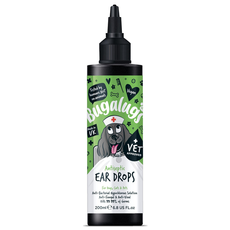 BUGALUGS Antiseptic Ear Drops 200ml – Ear Disinfection, Kills bacteria, Stops Odours, Scratching & Discomfort, Anti-fungal (Yeast), Veterinary-grade, for Dogs, Cats & all other animals Dog 200ml