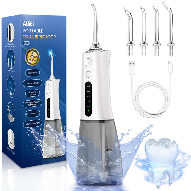 AUIEI Water Flosser for Teeth Cordless Oral Irrigator Portable Dental Teeth Cleaner 300ML 5 Modes Teeth Cleaner Picks USB Rechargeable & IPX7 Waterproof Plaque Removal Tool for Travel Home Use(White) White - BeesActive Australia