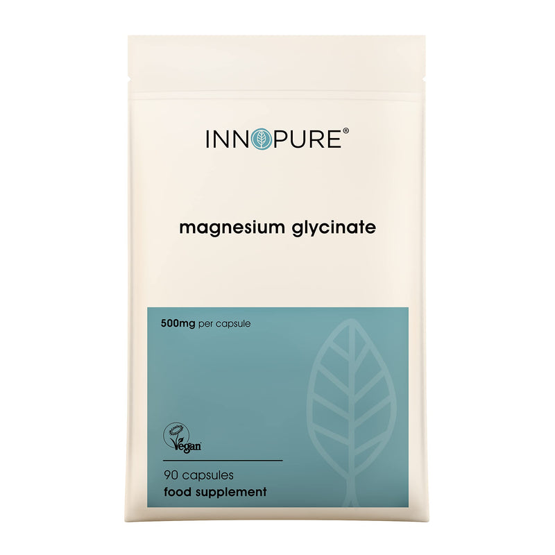 INNOPURE Magnesium Glycinate Capsules - Bioavailable Magnesium Supplements - 500mg Per Capsule Providing 100mg of Elemental Magnesium Bisglycinate Powder, 90 Capsules, UK Made 90 count (Pack of 1) - BeesActive Australia