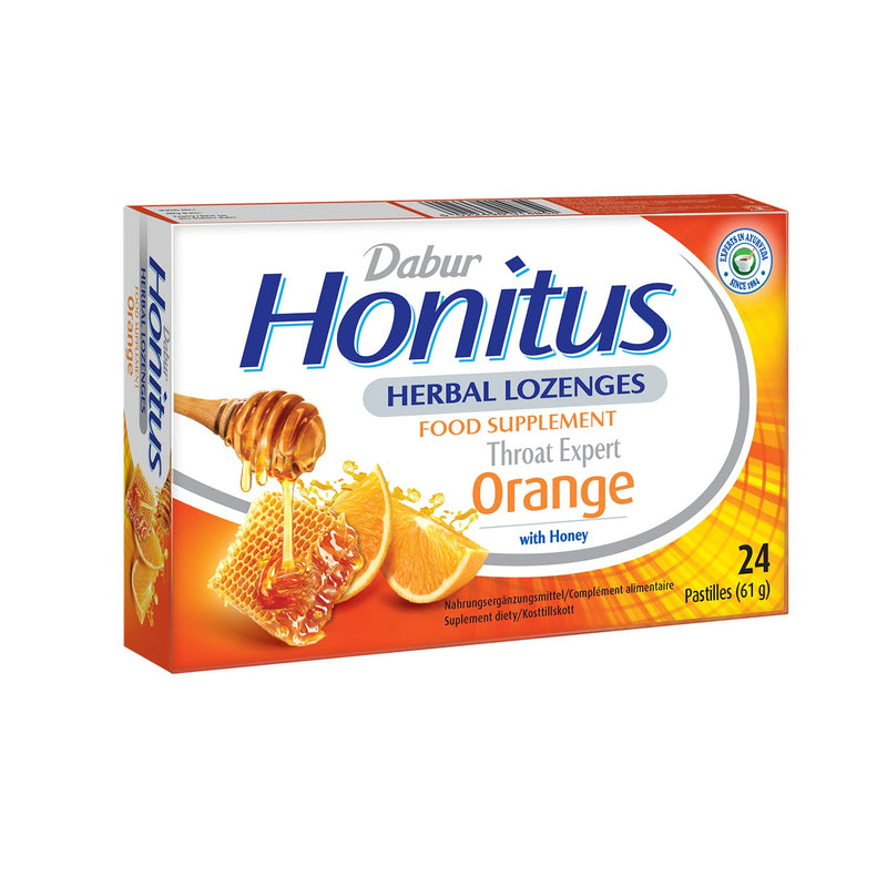 Dabur Honitus Herbal Lozenges | Effective Relief from Cough & Sore Throat Pain | Orange Flavor - 24 Lozenges - BeesActive Australia