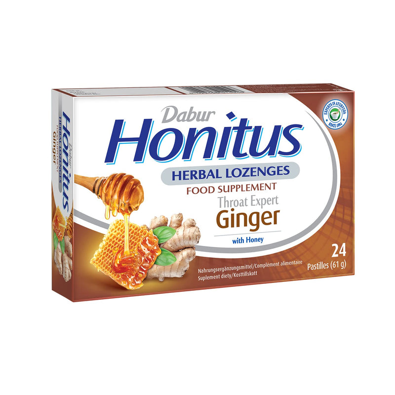 Dabur Honitus Herbal Lozenges | Effective Relief from Cough & Sore Throat Pain | Ginger Flavor - 24 Lozenges - BeesActive Australia