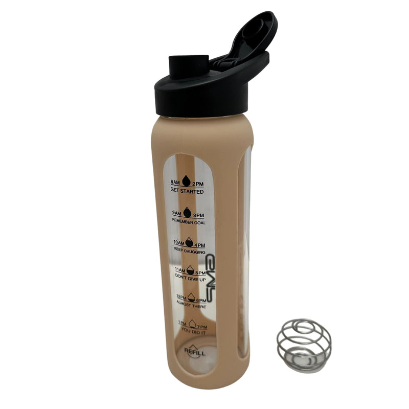 GMP star Sports Borosilicate Glass Water Bottle for Hot and Cold with Silicone Sleeve and Protein Shaker Whisk 600ml UK Company - BeesActive Australia