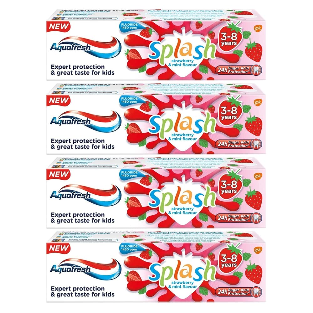 4 x Aquafresh Splash Toothpaste 3-8 Years Strawberry & Mint Flavour 50ml - BeesActive Australia