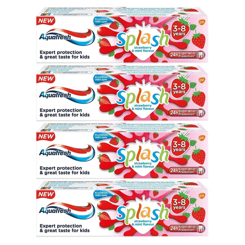 4 x Aquafresh Splash Toothpaste 3-8 Years Strawberry & Mint Flavour 50ml - BeesActive Australia