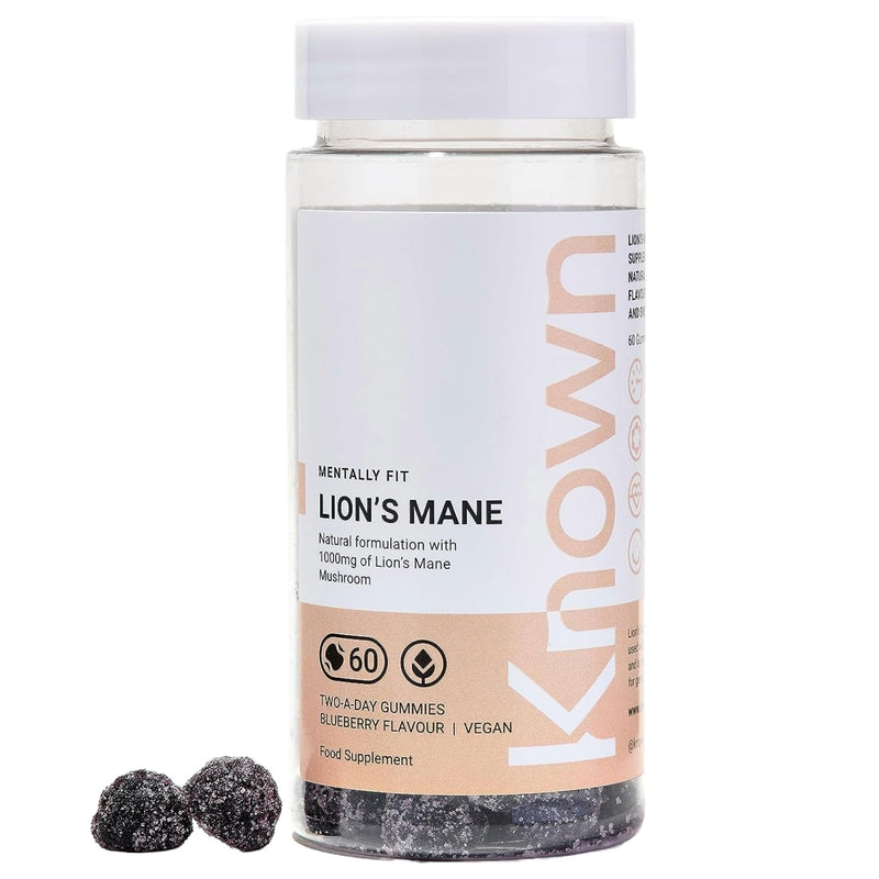Vegan 1,000mg Lion�s Mane Mushroom Gummies by Known | Nootropic Support for Cognition, Mood, Immunity & Inflammation | Delicious Blueberry Flavour | 60 Two-a-Day Gummies (One Month�s Supply) Pack of 1 - BeesActive Australia