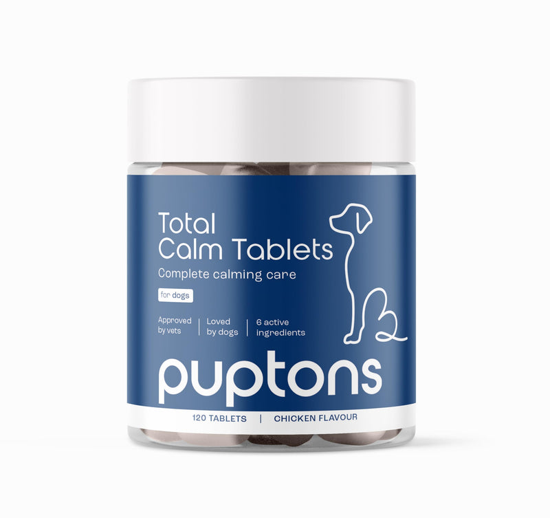 Puptons Total Calming Supplement for Dogs | (120 Tablets) Dog Anxiety & Separation Relief | Reduces Stress, Chewing, Aggression & Barking | L-Taurine, L-Theanine & Ginger Extract White