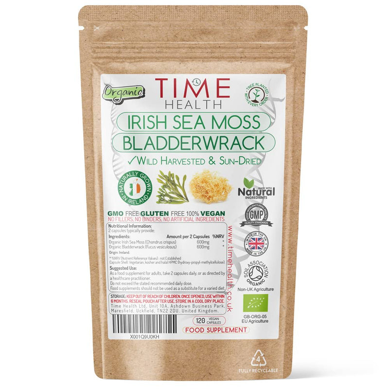 Organic Irish Sea Moss & Bladderwrack - 120 Capsules - Wild Harvested & Sun-Dried - Grown in Ireland - Pristine Atlantic Waters - 92 Essential Nutrients - Dr. Sebi - UK Made - GMP - No Additives 120 Count (Pack of 1) - BeesActive Australia
