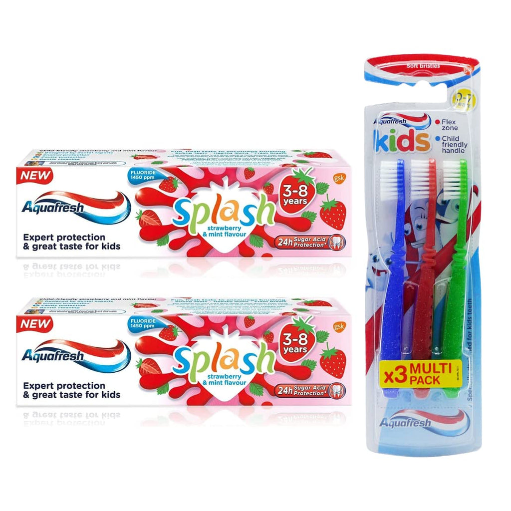 2 x Aquafresh Splash Toothpaste 3-8 Years Strawberry & Mint Flavour 50ml Bundled with Kids 0-7 Years Soft Bristles Toothbrush, Pack of 3 - BeesActive Australia