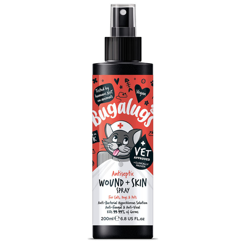 BUGALUGS Cat Wound & Skin Antiseptic spray 200ml - Antibacterial, Antiviral, Antifungal spray for itchy cat skin relief - Hypochlorous acid essential first aid kit for Cats and Pets Cat 200ml