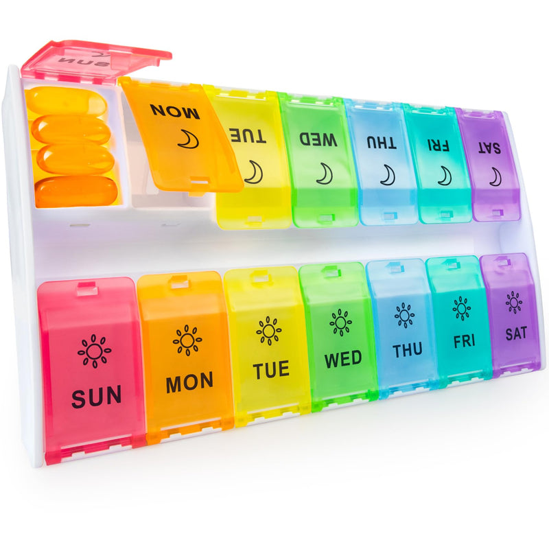 XL Large Pill Organizer 7 Day, Weekly Medicine Pill Box 2 Times a Day，Am Pm Pill Case Organizer 14 Compartments with Hinged Lids Design，Daily Vitamin Box Pill Dispenser for Fish Oil/Supplements Multicoloured - BeesActive Australia