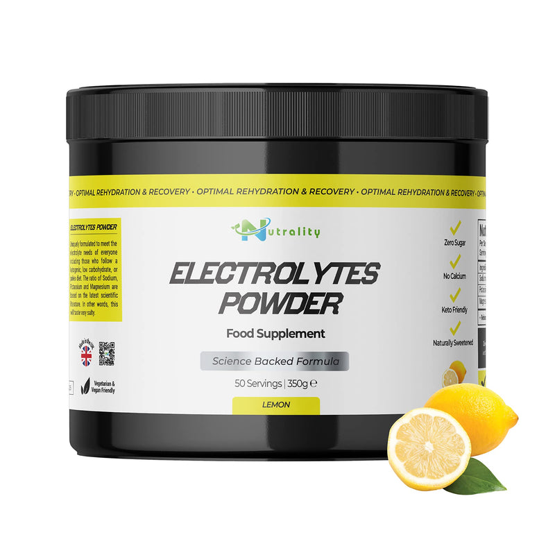 Nutrality Electrolytes Food Supplement Powder 350g – Refreshing Lemon Flavour. 50 Servings, No Sugar, Magnesium Keto Electrolyte Hydration Powder, Recovery, No Calcium, Paleo Hydration, Vegan Friendly - BeesActive Australia