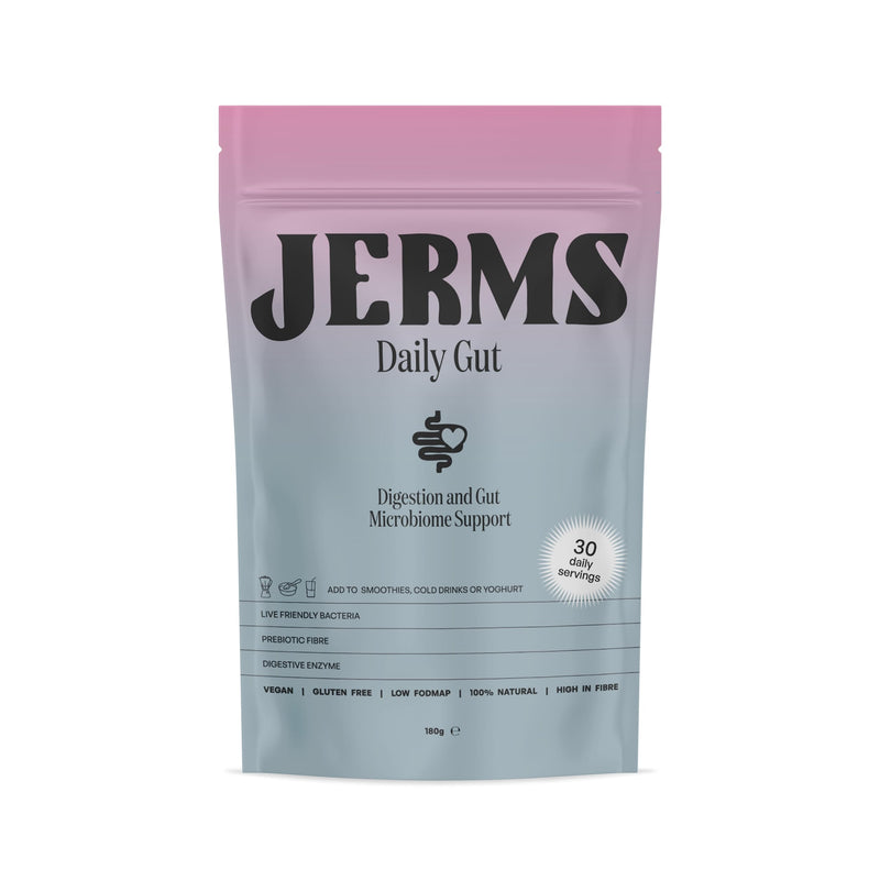 JERMS Daily Gut Probiotic Powder 10 Billion CFU Prebiotic Fibre with Digestive Enzymes + Organic Superfoods 30 Servings - 100% Natural Vegan Gluten Free Gut Health Support Ease Bloating - BeesActive Australia
