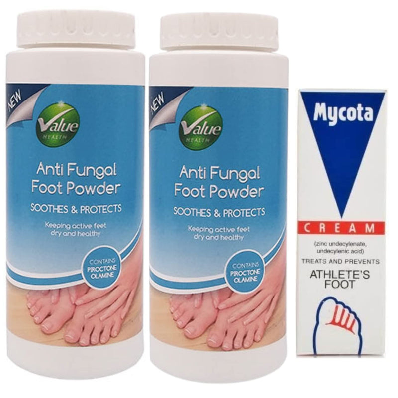 Foot Care Bundle, IncludesValue Health Anti Fungal Foot Powder (2x 75g) & Mycota Athlete's Foot Cream (1x 25g) - BeesActive Australia