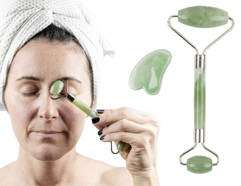 Gua Sha and Face Roller Set, Authentic Natural Jade Stone, Professional Tools for Skin Care Routine, Wrinkles Treatment Tools, Massager Tools for Face, Neck and Body Jade Roller & Gua sha Set - BeesActive Australia