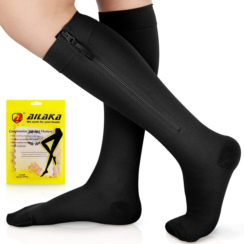 Ailaka Zipper Compression Socks for Men Women - 20-30 mmHg Close Toe Knee High Medical Compression Socks with Zipper, Zip Up Socks for Varicose Veins, Edema, Recovery, Pregnant, Nurse XX-Large (1 Pair) Black - BeesActive Australia