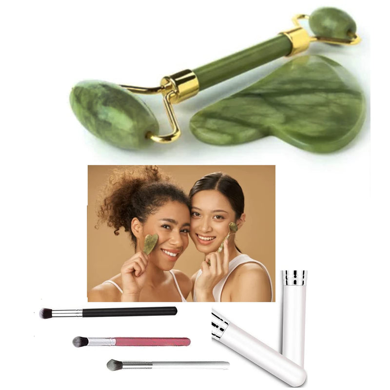 Marble Jade Roller & GUA SHA Boxed Set & 1 Kabuki Brush- Glow Boosting, De-Puffing, Deep Moisture Massage, Lifting & Tightening (1 Set) 1 Set - BeesActive Australia