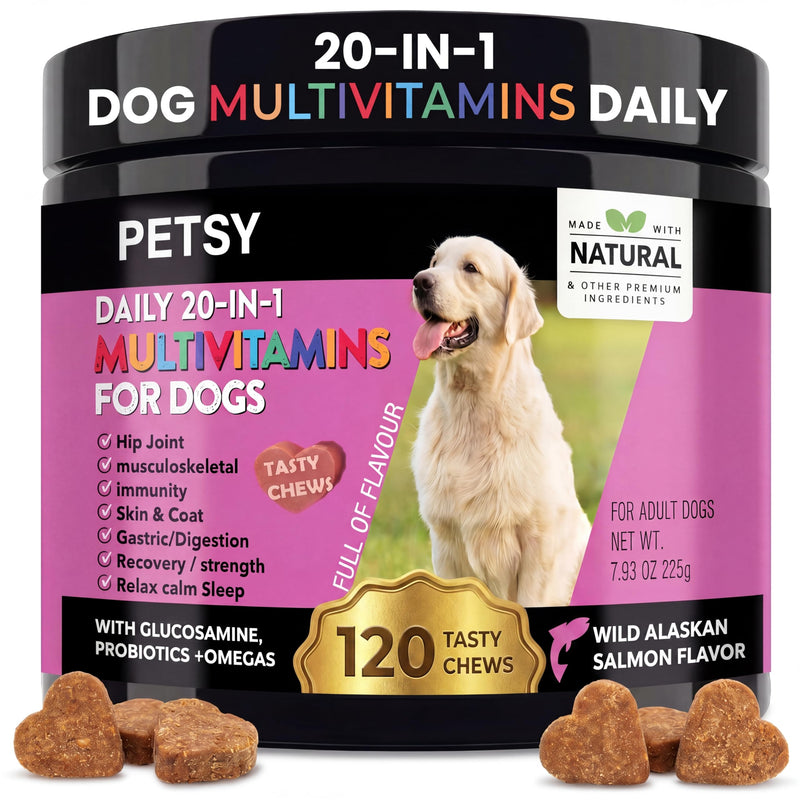 PETSY Multivitamin for Dogs – 20-in-1 Dog Multivitamin Chews with Probiotics, Glucosamine & Chondroitin with Salmon Oil, Biotin & Folic Acid | Joint, Gut, Skin & Immune Support | Natural Treats Salmon Flavour Chews