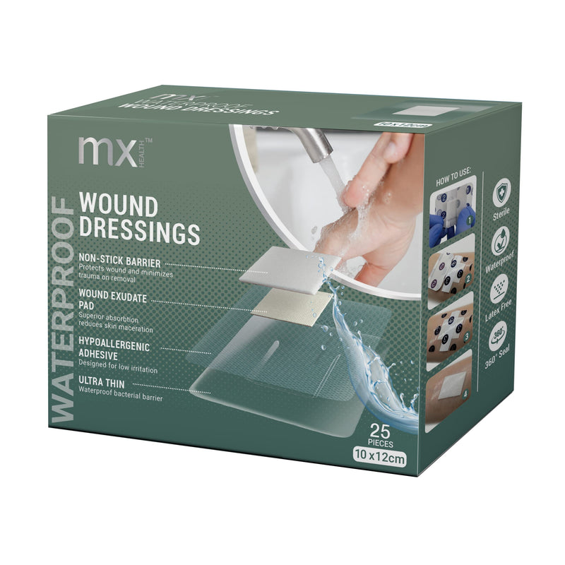 mx HEALTH Waterproof Wound Dressing Film+PAD - 10X12CM (5X6CM Wound PAD) - 25 Individually Wrapped DRESSINGS PER Box - BeesActive Australia