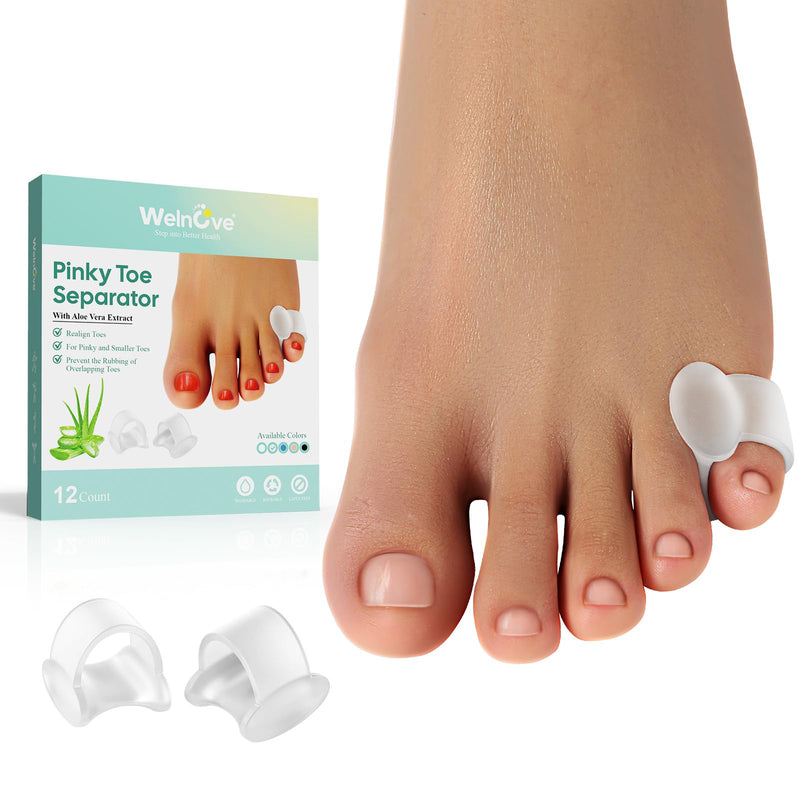 Welnove Gel Toe Separator, 12 Pack Pinky Toe Spacers, Aloe Vera Extract Infused Silicone Little Toe Spacers, Bunion Corrector, Bunion Cushions Pads for Preventing Rubbing & Relieve Pressure Clear(Aloe Vera) - BeesActive Australia