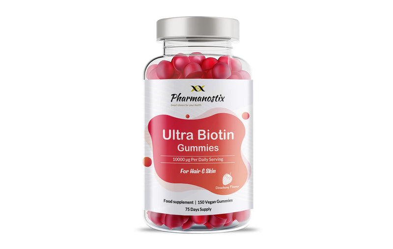 Pharmanostix Ultra Biotin 5000mcg Vegan Gummies - 10000mcg Per Daily Dose - for Hair, Skin and Nail Growth Support - 150 Natural Strawberry Flavour - 75 Days Supply - for Men and Women - BeesActive Australia